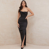 Robe de soirée en satin haut de gamme, longueur genou, fendue
